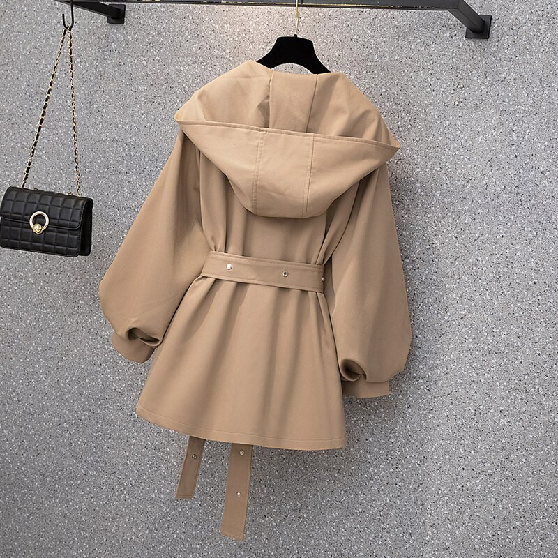 Brīvi liela izmēra gari sieviešu korejiešu stila mētelis ar kapuci ar jostu sieviešu apmetnis vējjaka pavasara rudens virsdrēbes haki melnā krāsā