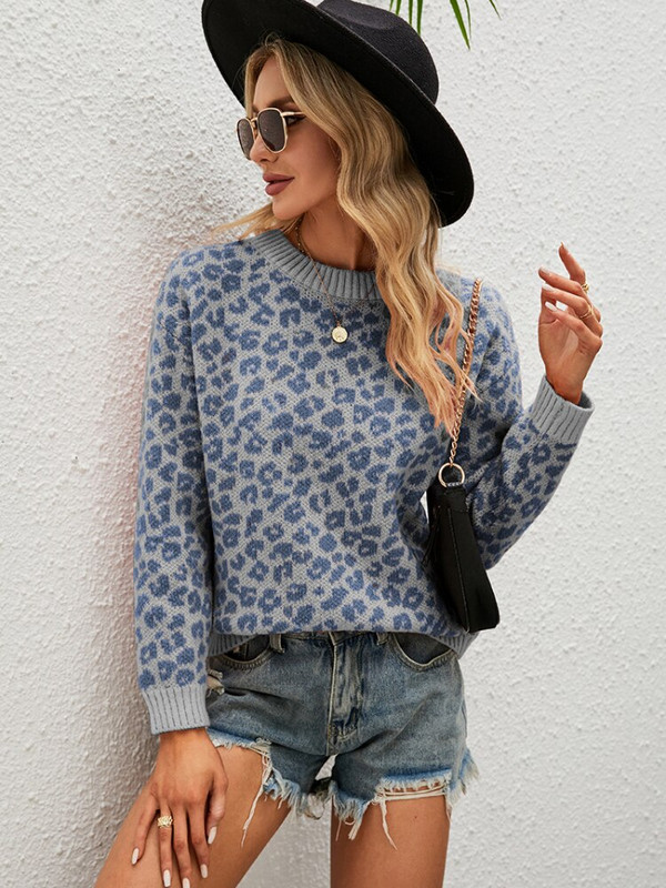 Rudens un ziemas jaunums 2022. gada leoparda trikotāžas džemperi, modes ikdienas stila sieviešu džemperu topi ar garām piedurknēm