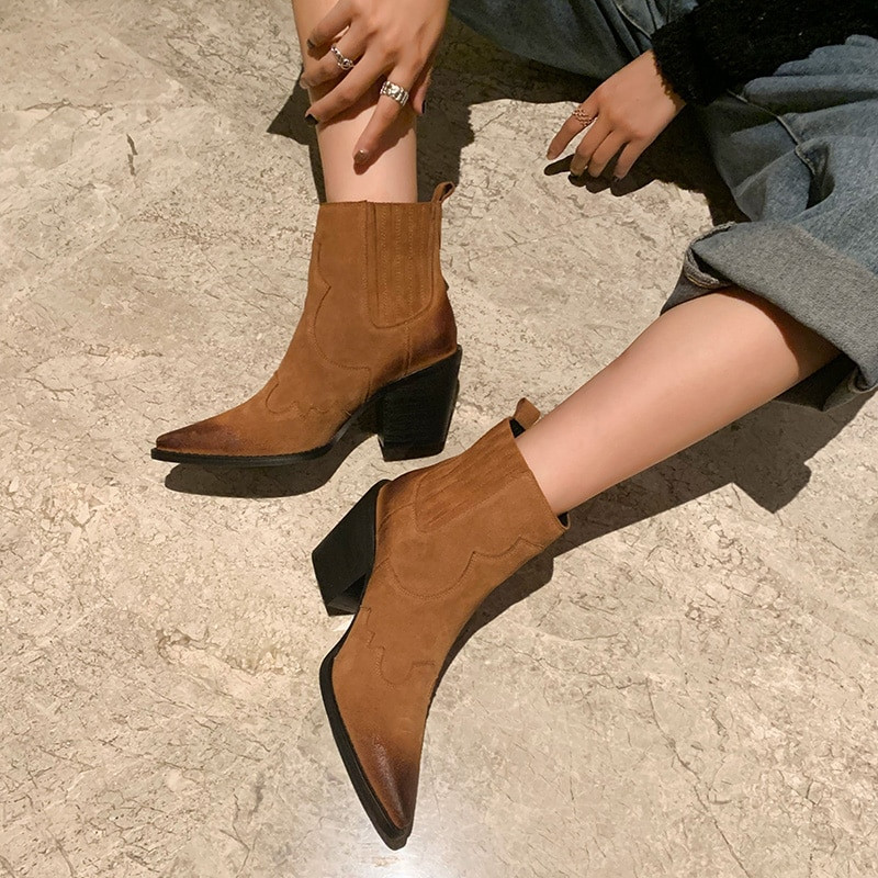 Καυτές εκπτώσεις από σουέτ  γυναικείο με μύτη γατάκι γόβες κοντές μπότες χειμερινές καουμπόικες μπότες ιππότης γυναίκα