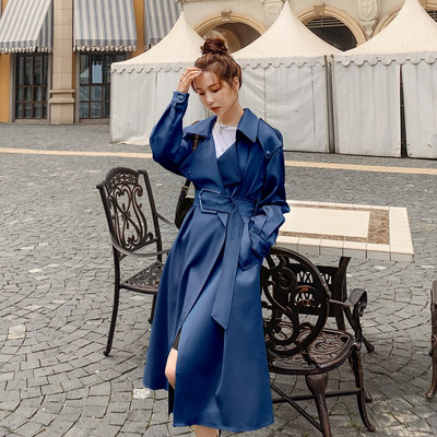 Sieviešu mētelis, gara vējjaka, 2022. gada pavasara rudens jaka Sieviešu apmetnis Khaki satīna audums, augstas kvalitātes modes atloks Trenčjaka sievietēm