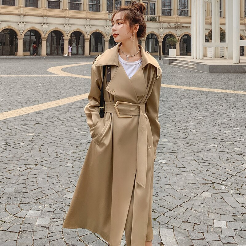 Sieviešu mētelis, gara vējjaka, 2022. gada pavasara rudens jaka Sieviešu apmetnis Khaki satīna audums, augstas kvalitātes modes atloks Trenčjaka sievietēm