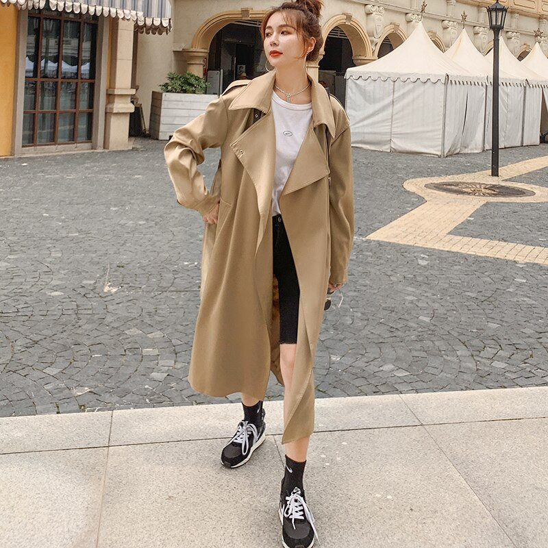 Sieviešu mētelis, gara vējjaka, 2022. gada pavasara rudens jaka Sieviešu apmetnis Khaki satīna audums, augstas kvalitātes modes atloks Trenčjaka sievietēm