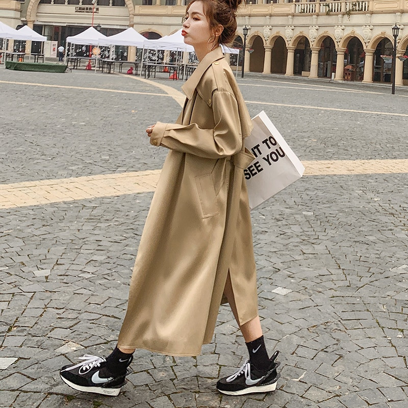Sieviešu mētelis, gara vējjaka, 2022. gada pavasara rudens jaka Sieviešu apmetnis Khaki satīna audums, augstas kvalitātes modes atloks Trenčjaka sievietēm