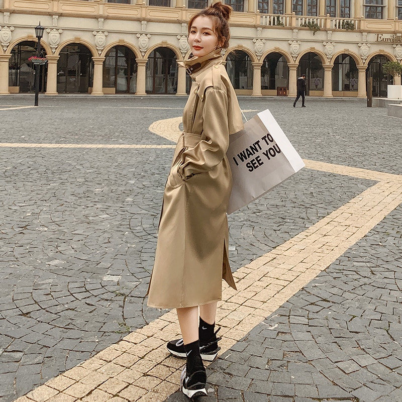 Sieviešu mētelis, gara vējjaka, 2022. gada pavasara rudens jaka Sieviešu apmetnis Khaki satīna audums, augstas kvalitātes modes atloks Trenčjaka sievietēm