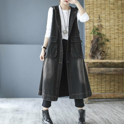 Mass Wasss Kaput s dugim prslukom i kapuljačom u korejskom stilu 2021. Ženski široki vintage prsluci s gumbima Ženska punkerska odjeća bez rukava