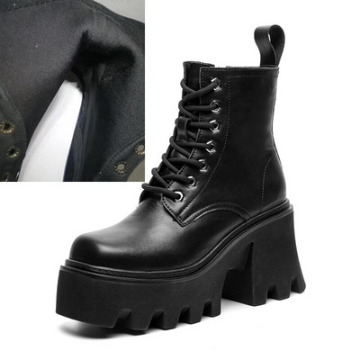 Sieviešu augstpapēžu zābaki liela izmēra kvadrātveida galvas  sieviešu zābaki ar platformu Britu stila ādas ziemas zābaki sievietēm