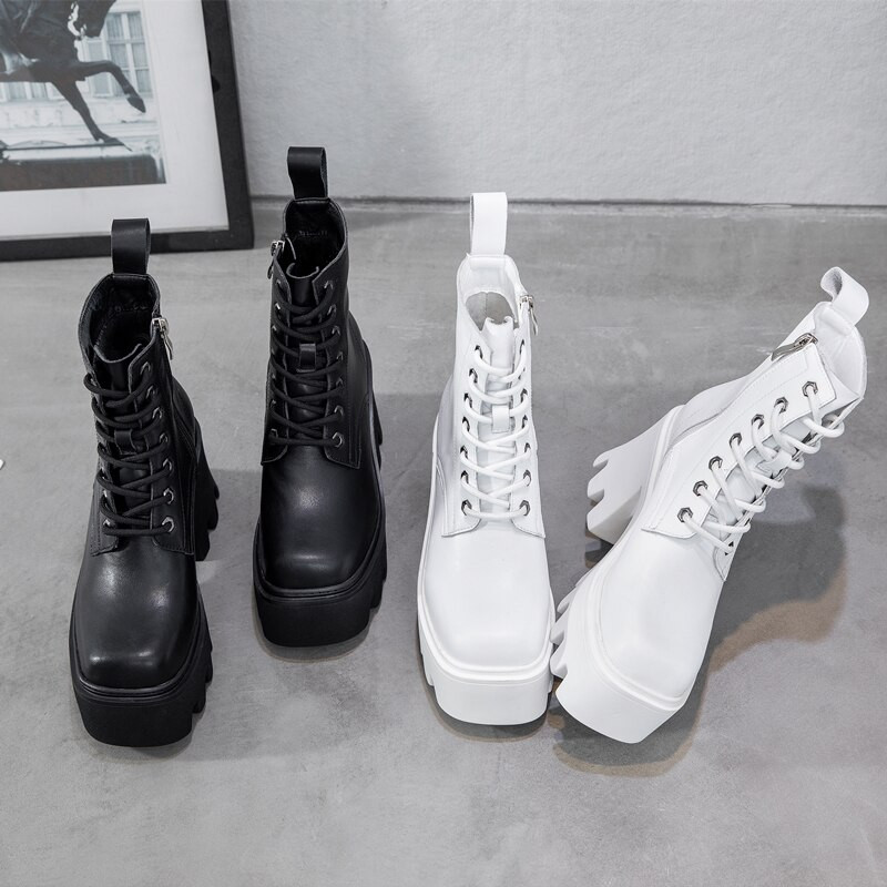 Sieviešu augstpapēžu zābaki liela izmēra kvadrātveida galvas  sieviešu zābaki ar platformu Britu stila ādas ziemas zābaki sievietēm