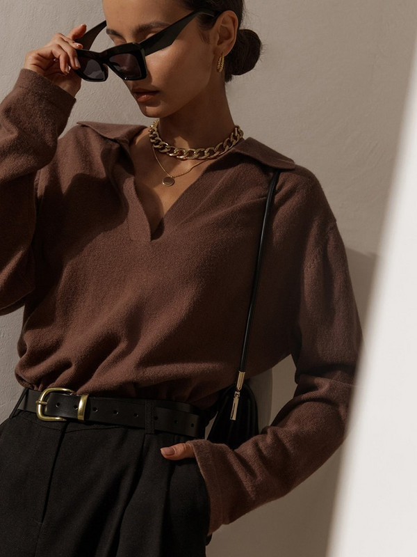 Trikotāžas džemperis Sieviešu Polo Apkakles Pulovers Sieviešu tops ar garām piedurknēm Sieviešu brīvs Elegants Džemperis Ziemas Trikotāža Sueter Feminino