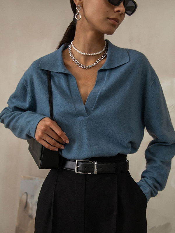 Trikotāžas džemperis Sieviešu Polo Apkakles Pulovers Sieviešu tops ar garām piedurknēm Sieviešu brīvs Elegants Džemperis Ziemas Trikotāža Sueter Feminino