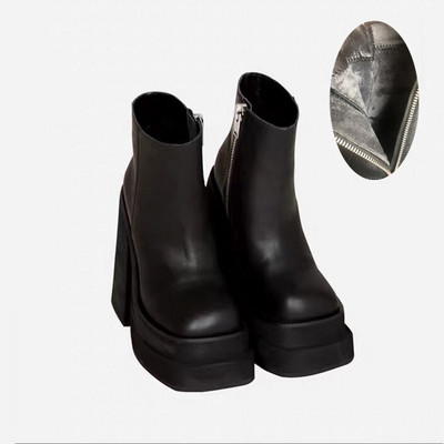 Europska i američka moda Ženske cipele s patentnim zatvaračem s okruglim prstima, super visoka debela peta, kožne gležnjače, ženske štikle s platformom