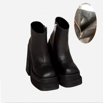 Europska i američka moda Ženske cipele s patentnim zatvaračem s okruglim prstima, super visoka debela peta, kožne gležnjače, ženske štikle s platformom