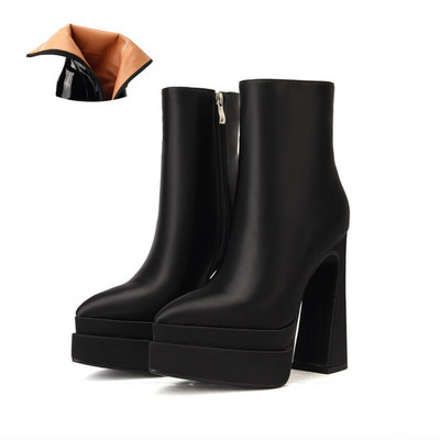 Europska i američka moda Ženske cipele s patentnim zatvaračem s okruglim prstima, super visoka debela peta, kožne gležnjače, ženske štikle s platformom