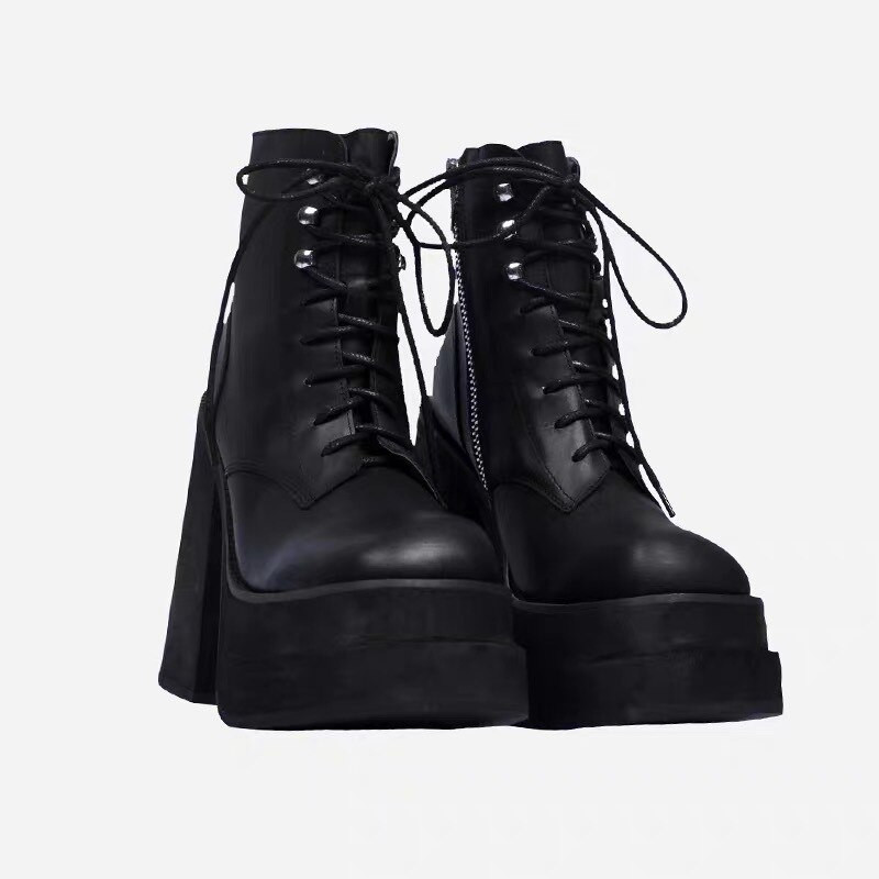 Europska i američka moda Ženske cipele s patentnim zatvaračem s okruglim prstima, super visoka debela peta, kožne gležnjače, ženske štikle s platformom