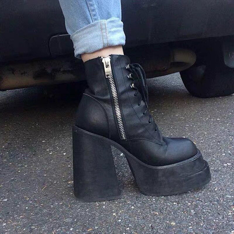 Europska i američka moda Ženske cipele s patentnim zatvaračem s okruglim prstima, super visoka debela peta, kožne gležnjače, ženske štikle s platformom