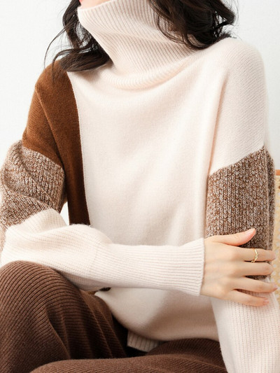 GCAROL Jesen Zima Ženski džemper s dolčevitom u boji imitacije debele vune, modni džemper s prorezom na dnu, pleteni pulover