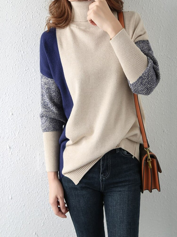 GCAROL Jesen Zima Ženski džemper s dolčevitom u boji imitacije debele vune, modni džemper s prorezom na dnu, pleteni pulover