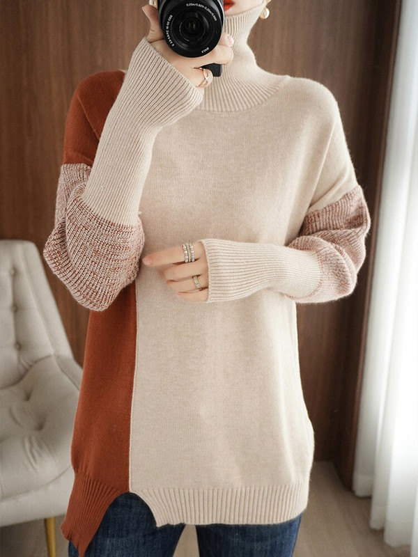 GCAROL Jesen Zima Ženski džemper s dolčevitom u boji imitacije debele vune, modni džemper s prorezom na dnu, pleteni pulover