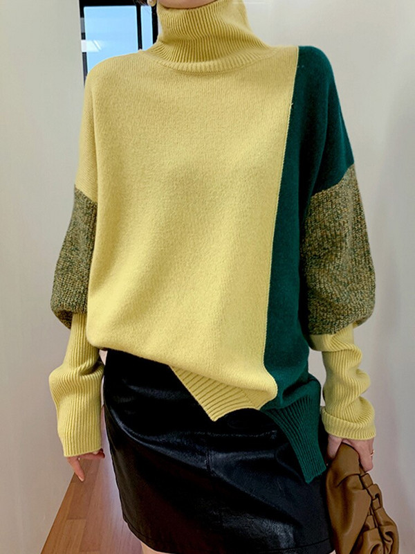 GCAROL Jesen Zima Ženski džemper s dolčevitom u boji imitacije debele vune, modni džemper s prorezom na dnu, pleteni pulover