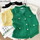 Γιλέκο μόδας για γυναίκες με λαιμόκοψη V Αμάνικο Tweed μονόστομο γιλέκο με φούντα Topa Mujer Κορεάτικο ιδιοσυγκρασία παλτό τοπ Femme