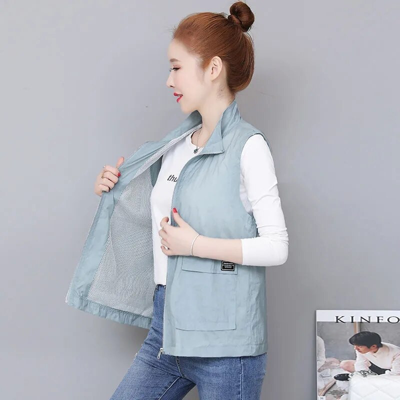 Ženska jakna s otvorenim ovratnikom od 90 kg, velika veličina, tanka jednobojna, ležerna jakna bez rukava, modni široki ljetni kardigan s velikim džepom