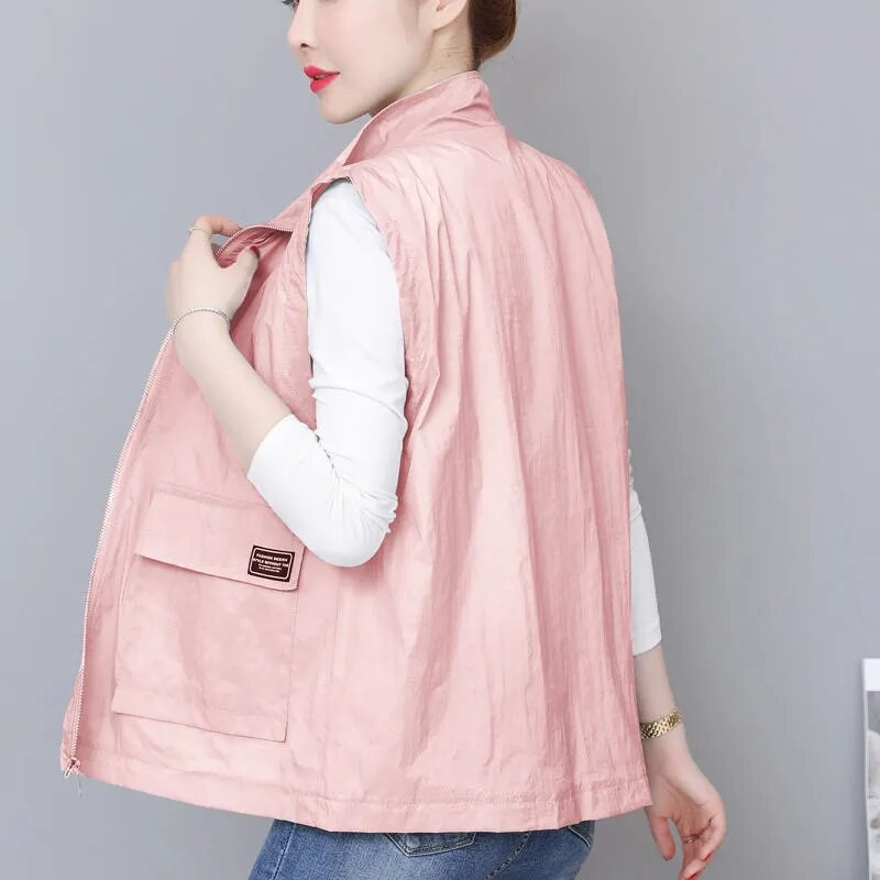 Ženska jakna s otvorenim ovratnikom od 90 kg, velika veličina, tanka jednobojna, ležerna jakna bez rukava, modni široki ljetni kardigan s velikim džepom