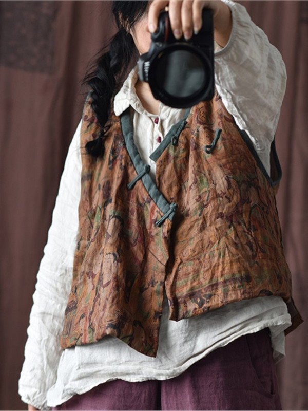 „Johnature“ moteriškos vintažinės liemenės paltai be rankovių V formos iškirptės mygtukų raštas gėlėmis 2022 m. rudens Naujas aukštos kokybės lininis moteriškas liemenės paltai