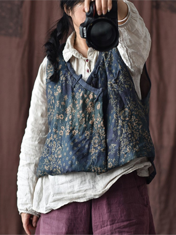 „Johnature“ moteriškos vintažinės liemenės paltai be rankovių V formos iškirptės mygtukų raštas gėlėmis 2022 m. rudens Naujas aukštos kokybės lininis moteriškas liemenės paltai