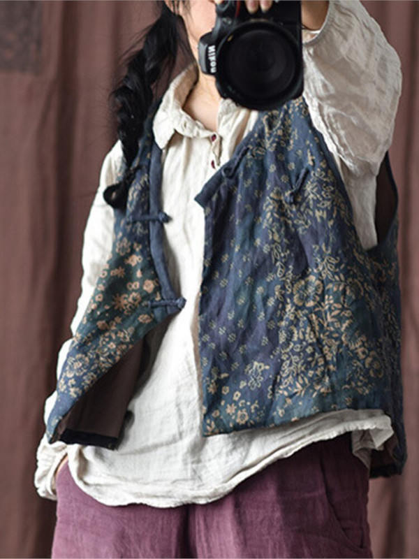 „Johnature“ moteriškos vintažinės liemenės paltai be rankovių V formos iškirptės mygtukų raštas gėlėmis 2022 m. rudens Naujas aukštos kokybės lininis moteriškas liemenės paltai