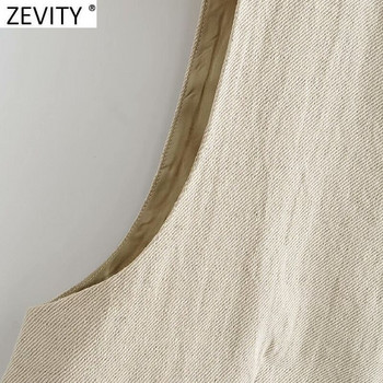 Zevity Γυναικεία Vintage V λαιμόκοψη μονόχρωμη λινό κοντό γιλέκο Lady ρετρό αμάνικο casual λεπτό παλτό Chic Crop Tops CT705
