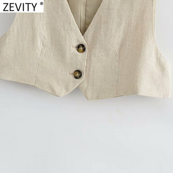Zevity Γυναικεία Vintage V λαιμόκοψη μονόχρωμη λινό κοντό γιλέκο Lady ρετρό αμάνικο casual λεπτό παλτό Chic Crop Tops CT705