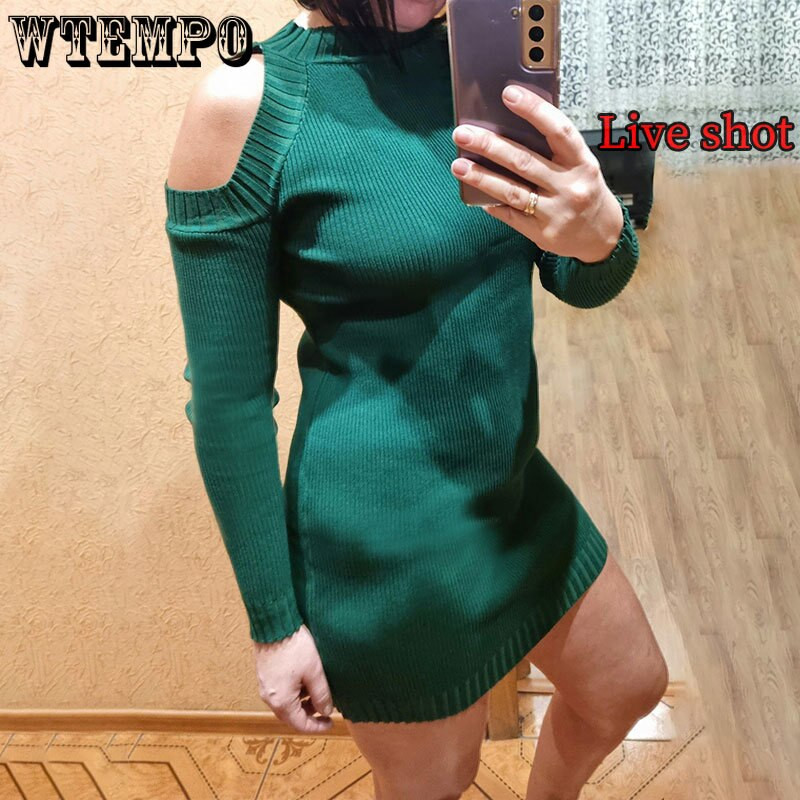 Γυναικείο πλεκτό πουλόβερ πουλόβερ σέξι μακρυμάνικο πλεκτό φόρεμα Γυναικεία μεσαία τσάντα Hip Base Bodycon Jumper
