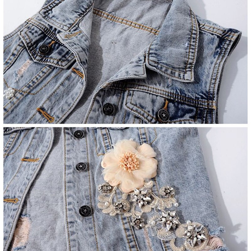 Proljeće Jesen Ženski traper prsluk Novi prsluk s dijamantnim cvijećem Bez rukava Vintage kratka jakna Jeans prsluk Ležerne ženske majice