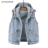 4XL 5XLPliela izmēra sieviešu džinsa veste kapuce 2020. gada vasaras šauri džinsi Gilet Femme Streetwear bezpiedurkņu īsās jakas, džinsa veste