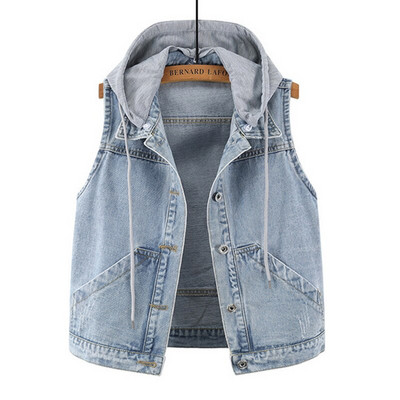 4XL 5XLPliela izmēra sieviešu džinsa veste kapuce 2020. gada vasaras šauri džinsi Gilet Femme Streetwear bezpiedurkņu īsās jakas, džinsa veste