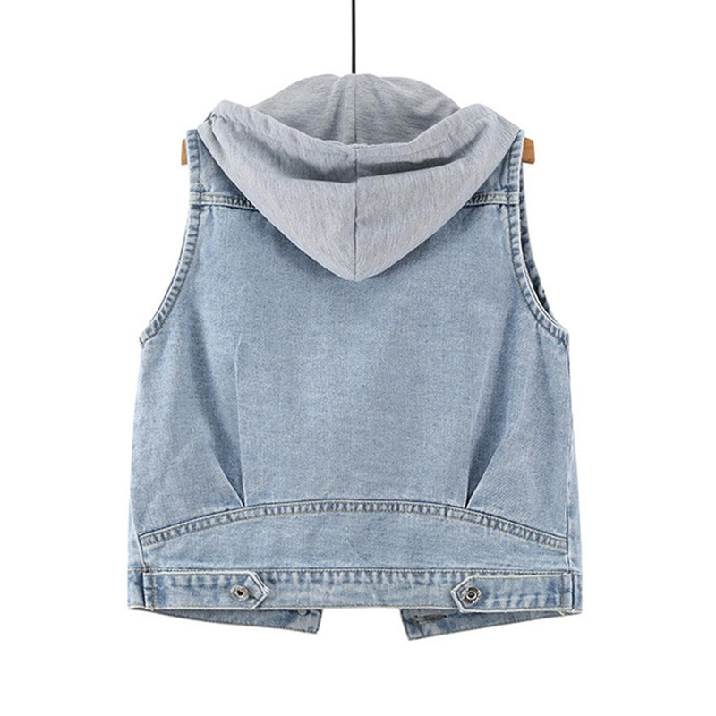 4XL 5XLPliela izmēra sieviešu džinsa veste kapuce 2020. gada vasaras šauri džinsi Gilet Femme Streetwear bezpiedurkņu īsās jakas, džinsa veste