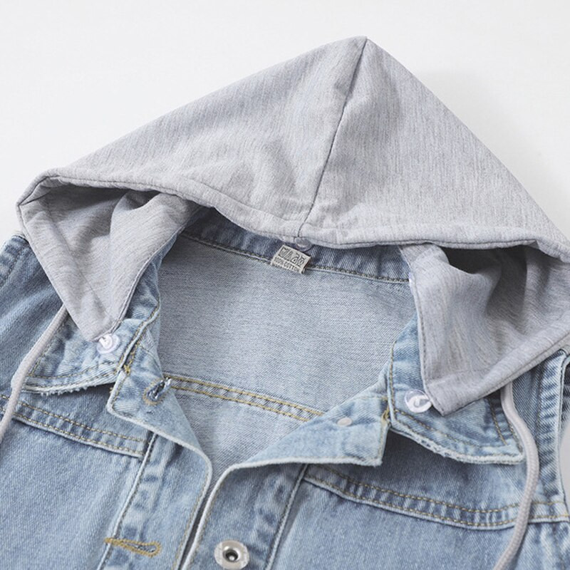 4XL 5XLPliela izmēra sieviešu džinsa veste kapuce 2020. gada vasaras šauri džinsi Gilet Femme Streetwear bezpiedurkņu īsās jakas, džinsa veste