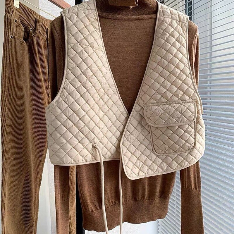 Γιλέκα Γυναικεία Φθινοπωρινά Argyle Κομψές τσέπες με λαιμόκοψη V-λαιμόκοψη Αμάνικα γιλέκα για κορίτσια Φαρδιά Ulzzang Cozy Stylish Τρυφερό OL Chic