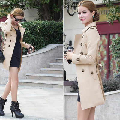 Sieviešu pavasara rudens haki krāsas mētelis Trench mētelis vējjaka ar pogām vidēja garuma brūna melna ouc3385