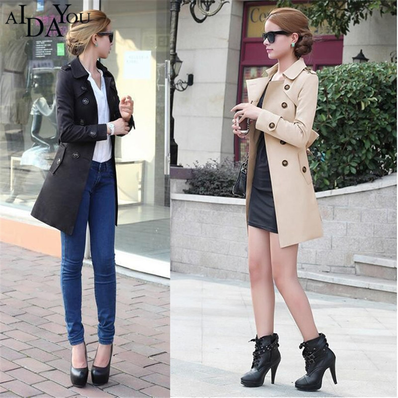 Sieviešu pavasara rudens haki krāsas mētelis Trench mētelis vējjaka ar pogām vidēja garuma brūna melna ouc3385