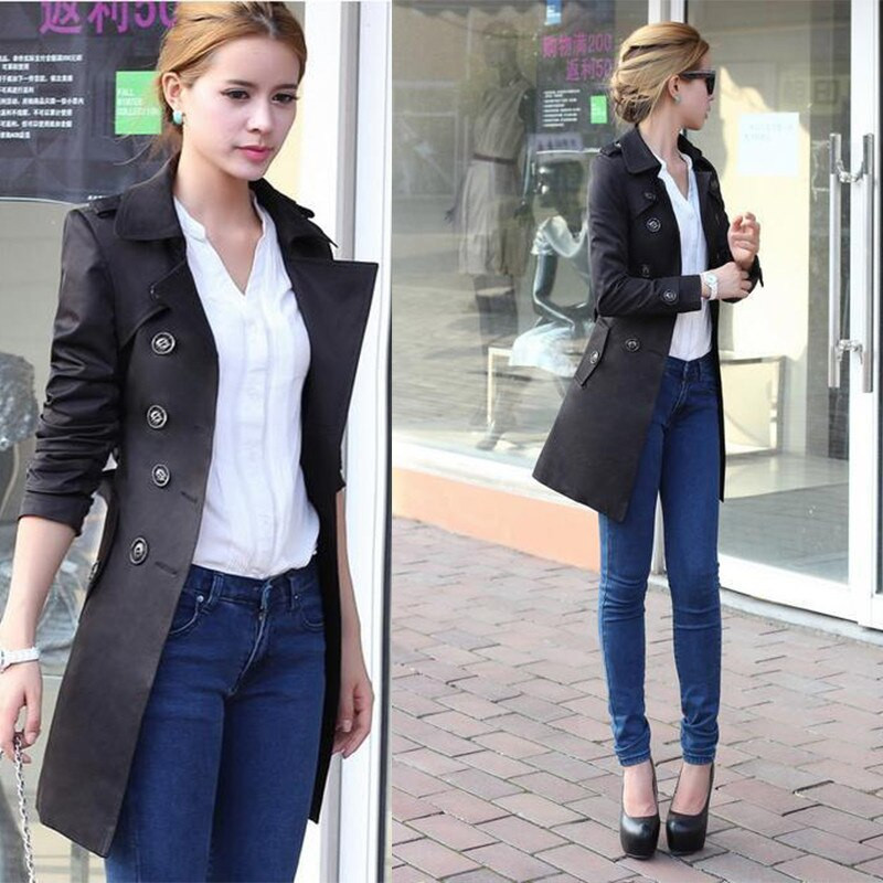 Sieviešu pavasara rudens haki krāsas mētelis Trench mētelis vējjaka ar pogām vidēja garuma brūna melna ouc3385