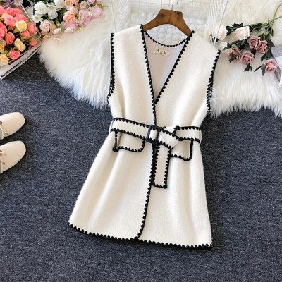 Korejas vidēja garuma ūdeles kašmira veste sieviešu eleganta jostas adīta veste Vintage bezpiedurkņu džemperis Chalecos Para Mujer