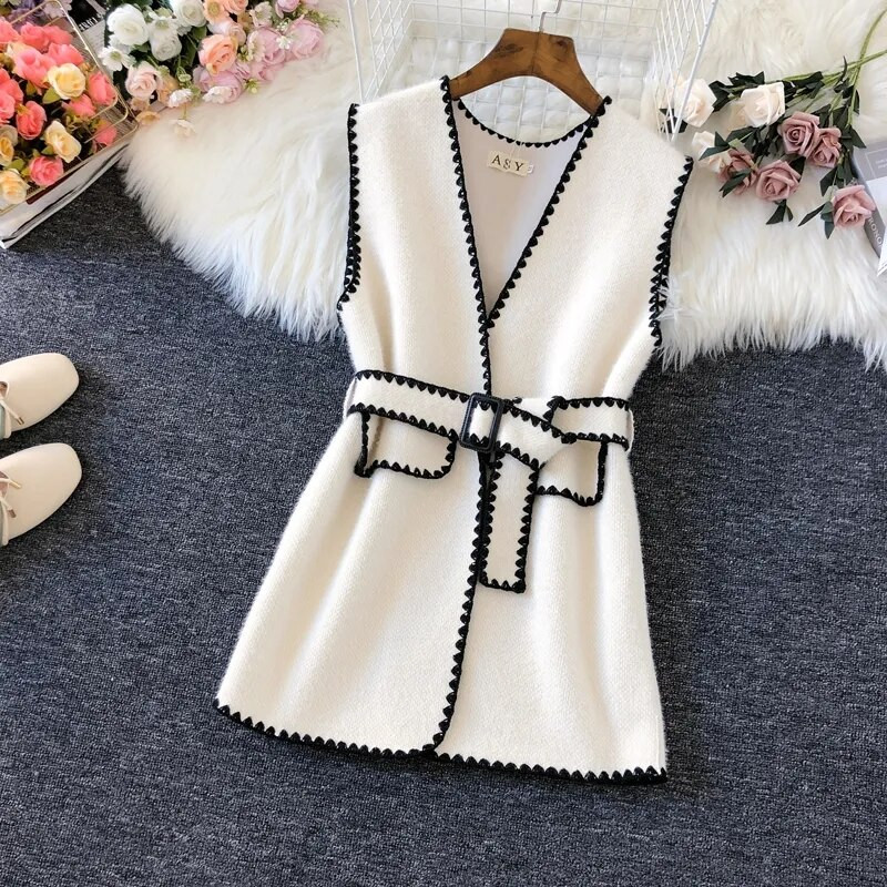 Korejas vidēja garuma ūdeles kašmira veste sieviešu eleganta jostas adīta veste Vintage bezpiedurkņu džemperis Chalecos Para Mujer