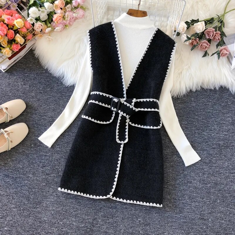 Korejas vidēja garuma ūdeles kašmira veste sieviešu eleganta jostas adīta veste Vintage bezpiedurkņu džemperis Chalecos Para Mujer