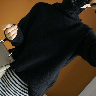 Rudens un ziemas jauns biezs dimanta džemperis ar augstu apkakli sievietēm brīvs un daudzpusīgs plāns tīras krāsas slinks adīts silts džemperis