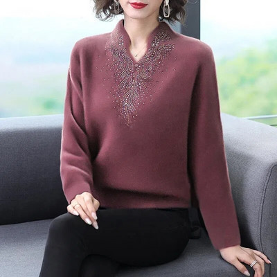 Βιζόν, βελούδινο πουλόβερ με λαιμόκοψη σε σχήμα V Λεπτό διπλής όψεως Deutsch μητρικό κοστούμι Ευέλικτο μοντέρνο Μεσήλικα μακρυμάνικο μπλουζάκι γυναικών