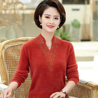 Βιζόν, βελούδινο πουλόβερ με λαιμόκοψη σε σχήμα V Λεπτό διπλής όψεως Deutsch μητρικό κοστούμι Ευέλικτο μοντέρνο Μεσήλικα μακρυμάνικο μπλουζάκι γυναικών