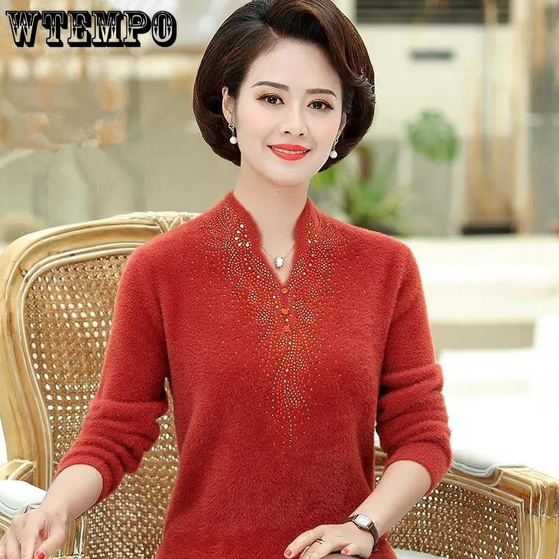 Βιζόν, βελούδινο πουλόβερ με λαιμόκοψη σε σχήμα V Λεπτό διπλής όψεως Deutsch μητρικό κοστούμι Ευέλικτο μοντέρνο Μεσήλικα μακρυμάνικο μπλουζάκι γυναικών