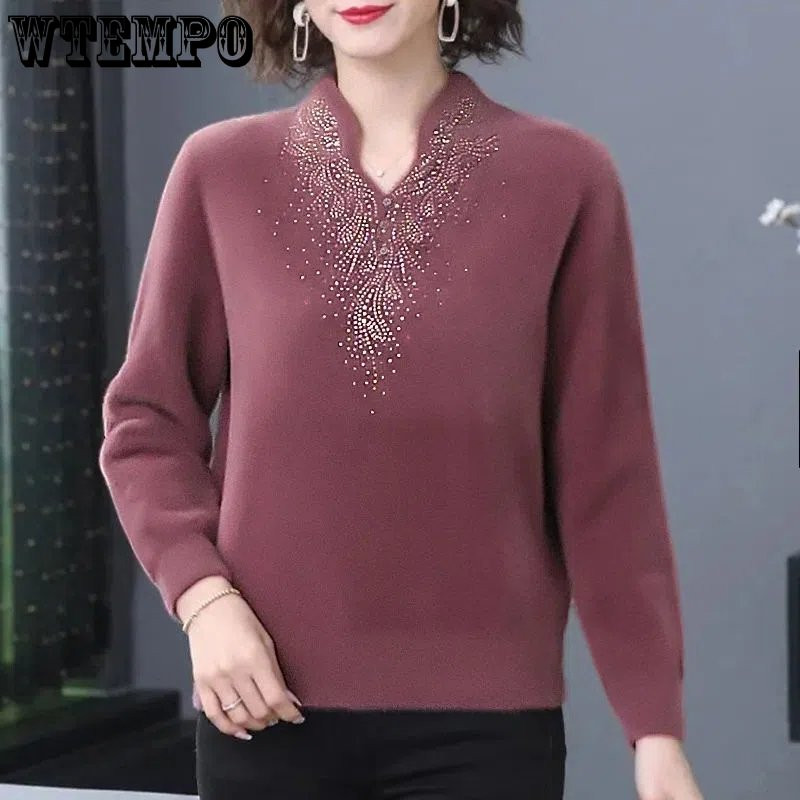 Βιζόν, βελούδινο πουλόβερ με λαιμόκοψη σε σχήμα V Λεπτό διπλής όψεως Deutsch μητρικό κοστούμι Ευέλικτο μοντέρνο Μεσήλικα μακρυμάνικο μπλουζάκι γυναικών