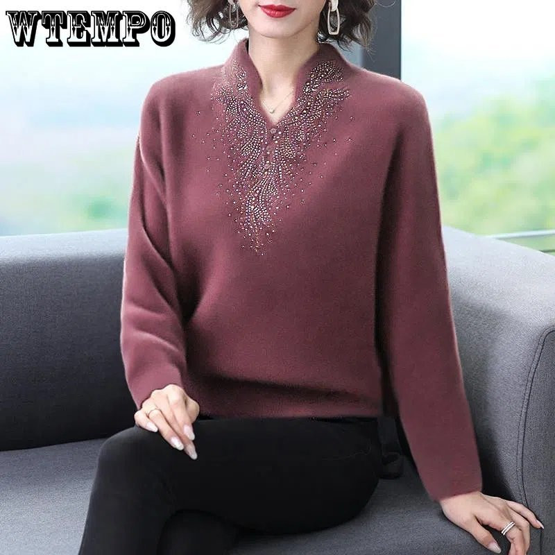 Βιζόν, βελούδινο πουλόβερ με λαιμόκοψη σε σχήμα V Λεπτό διπλής όψεως Deutsch μητρικό κοστούμι Ευέλικτο μοντέρνο Μεσήλικα μακρυμάνικο μπλουζάκι γυναικών