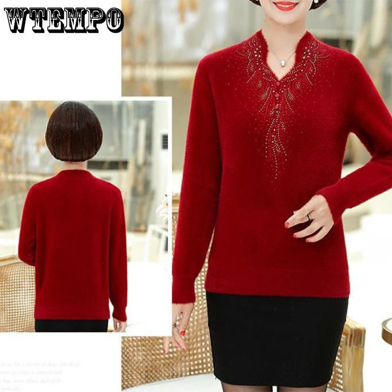 Βιζόν, βελούδινο πουλόβερ με λαιμόκοψη σε σχήμα V Λεπτό διπλής όψεως Deutsch μητρικό κοστούμι Ευέλικτο μοντέρνο Μεσήλικα μακρυμάνικο μπλουζάκι γυναικών